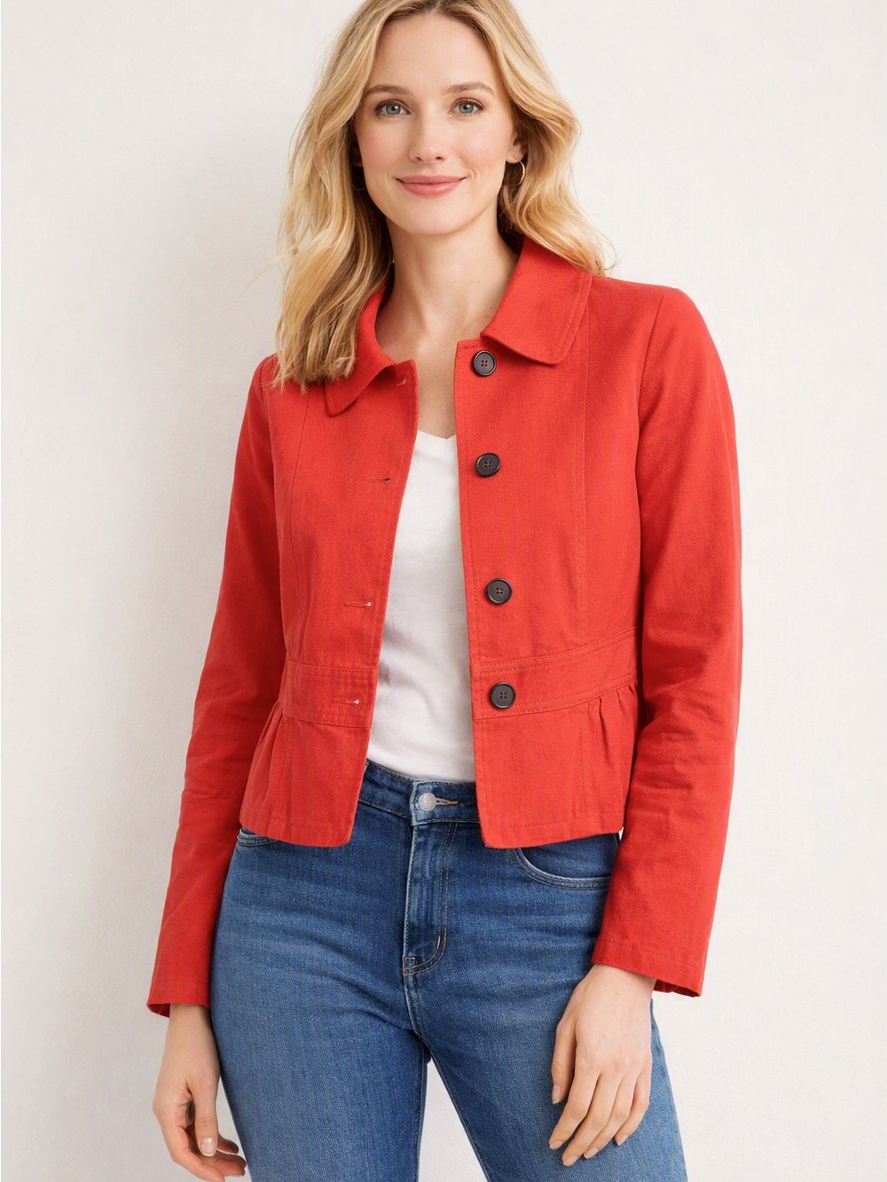 Boden Red Cropped Peplum Button Front Jacket Blazer Size 14